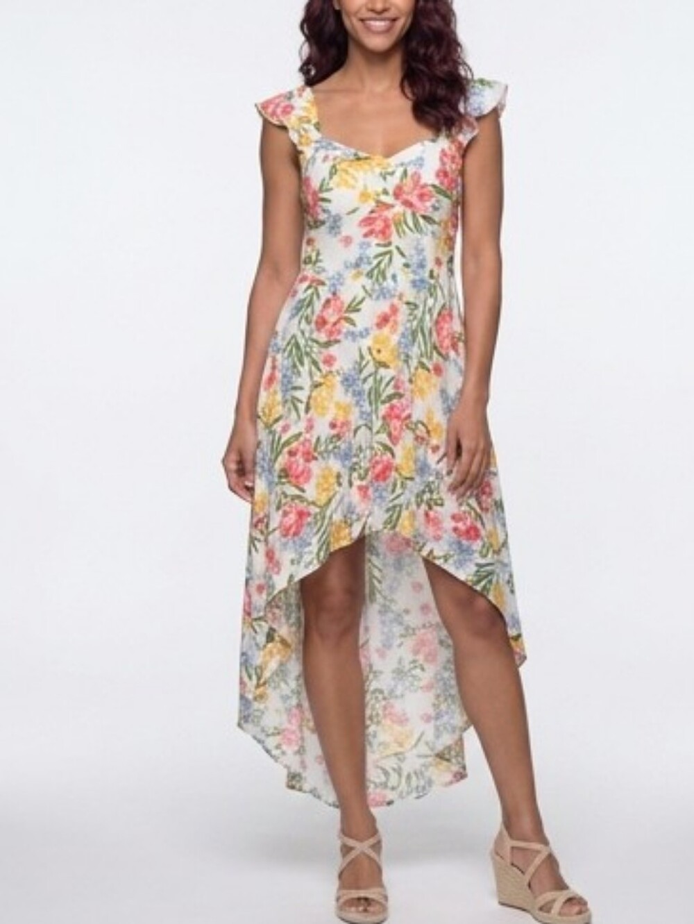 Floral Tropical High-Low Flutter Sleeve Sundress in White Orange Yellow Green